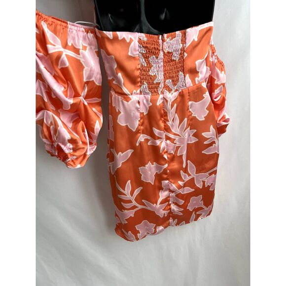 Lulu's Baros Coral Orange Floral Print Off Shoulder Bodycon Dress S Barbie Pink - Picture 6 of 12